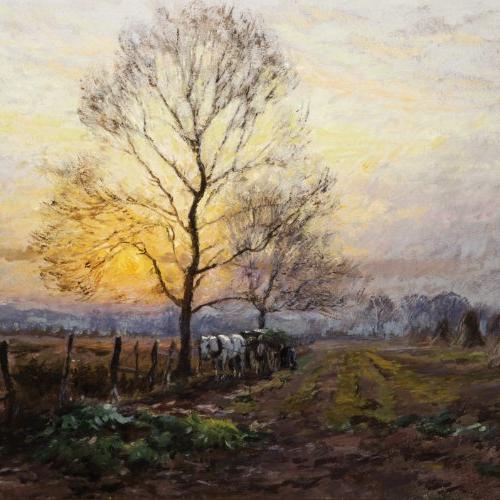 An impressionistic image of a landscape. In the foreground is a tree barren of leaves with a white horse and cart beneath it. A sunset shines through the branches. Upright hay bales are on the left.