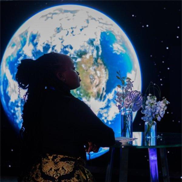 A visitor to 博天堂官方's "The Blue Dot Experience," event is silhouetted against an image of the Earth.